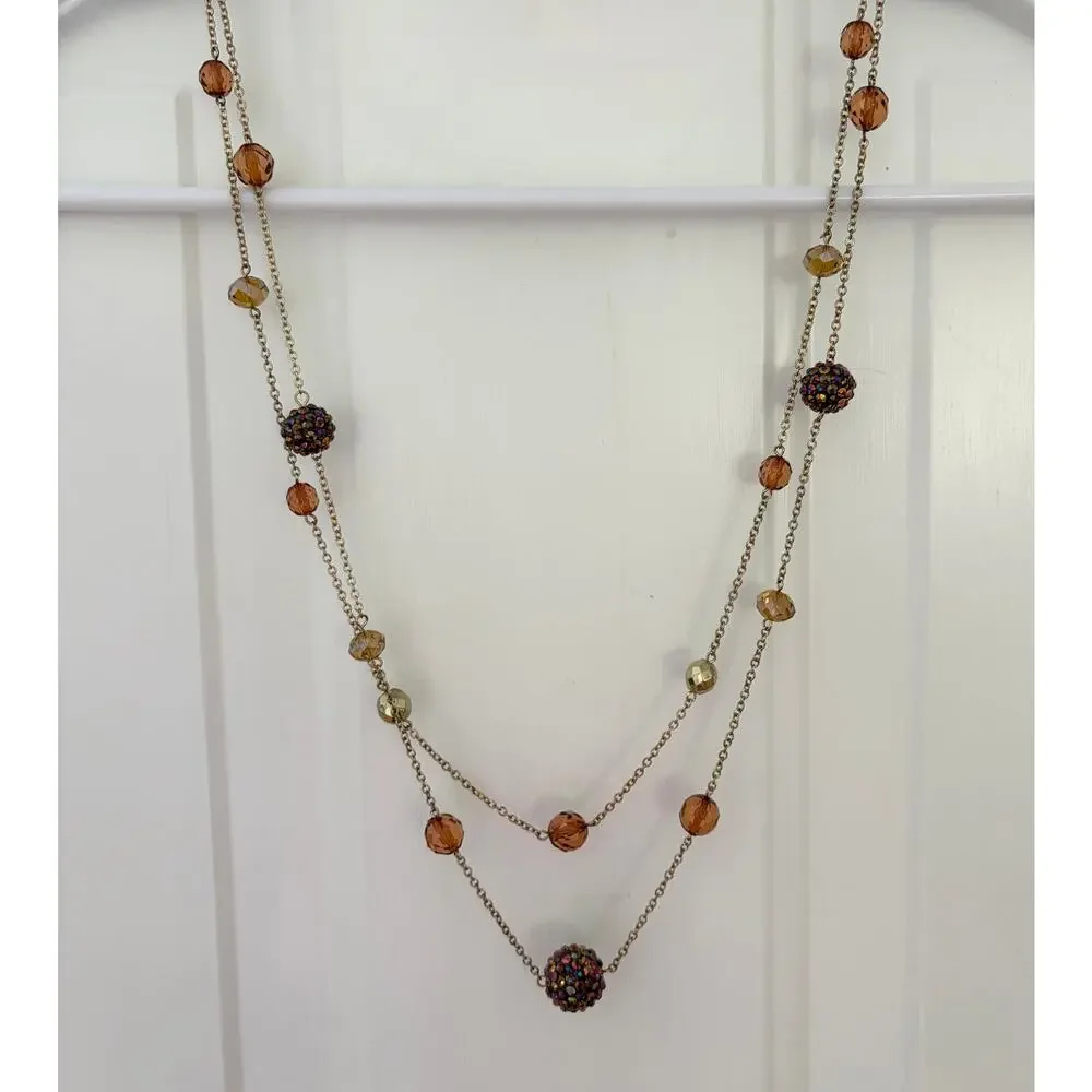 Vintage Double Strand Gold Tone Necklace Amber Glass Beads Rhinestone Balls 34
